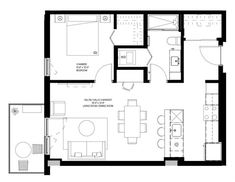 Floor plan for 1 bed, 1 bath, 698 sqft